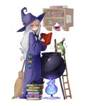  1girl blue_fire blush book book_stack broom fire frog grey_hair hat highres ladder long_hair long_sleeves looking_at_viewer open_book orange_eyes original potion purple_headwear purple_robe rinotuna robe shadow shelf witch witch_hat 