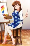  1girl bangs barefoot brown_eyes brown_hair canvas_(object) easel floral_print full_body holding kurihara_mari long_hair non-web_source official_art on_stool painting_(action) palette_(object) photoshop_(medium) sitting smile solo super_real_mahjong tanaka_ryou wooden_floor 
