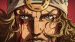  1boy anime_coloring araki_hirohiko_(style) blonde_hair blood blood_on_face blue_eyes close-up grandguerrilla highres horseshoe johnny_joestar jojo_no_kimyou_na_bouken looking_at_viewer male_focus official_style portrait red_background solo steel_ball_run 
