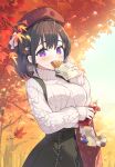  1girl :d autumn autumn_leaves bag bangs bear_hair_ornament beret black_hair black_skirt blush branch breasts commentary_request croquette food food_on_face hair_between_eyes hair_ornament hat high-waist_skirt highres holding holding_food large_breasts long_sleeves looking_at_viewer original pocky puffy_long_sleeves puffy_sleeves red_headwear skirt sleeves_past_wrists smile solo suspender_skirt suspenders sweat sweater tam-u teeth thick_eyebrows tree turtleneck turtleneck_sweater upper_teeth violet_eyes white_sweater 