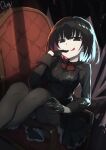  1girl :p artist_name bangs black_eyes black_gloves black_hair black_pantyhose black_shirt black_skirt bob_cut bow bowtie chair closed_mouth colored_inner_hair commentary dark empty_eyes gloves hair_between_eyes highres knees_up long_sleeves looking_at_viewer monogatari_(series) multicolored_hair on_chair oshino_ougi pale_skin pantyhose pleated_skirt red_bow red_bowtie school_uniform shadow shirt short_hair signature sitting sitting_sideways skirt smile solo symbol-only_commentary thomas_(aoakumasan) tongue tongue_out 
