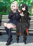  2girls an-94_(girls&#039;_frontline) android bench black_hair boots cherry cyborg eating food fruit girls_frontline gloves happy highres holding holding_food holding_spoon ice_cream ice_cream_cone j_adsen mod3_(girls&#039;_frontline) multiple_girls nyto_(girls&#039;_frontline) nyto_adeline_(girls&#039;_frontline) nyto_larvae_(girls&#039;_frontline) parfait park park_bench spoon tactical_clothes 
