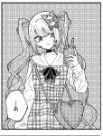  1girl arm_at_side belt bow bowtie cellphone choker chouzetsusaikawa_tenshi-chan closed_mouth cowboy_shot dithering dress greyscale hair_bow hand_up heart-shaped_bag hirumanoinu holding holding_phone jaggy_lines long_hair long_sleeves looking_at_phone monochrome multiple_hair_bows needy_girl_overdose phone quad_tails smartphone smile solo speech_bubble very_long_hair 