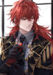  1boy ascot bangs black_ascot black_gloves black_jacket closed_mouth collared_shirt crossed_bangs diluc_(genshin_impact) gem genshin_impact gloves gold_trim grey_shirt hair_between_eyes highres jacket long_hair looking_to_the_side male_focus ningyo portrait red_eyes red_gloves redhead shirt solo two-tone_gloves upper_body vest white_vest window 