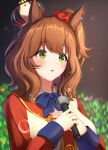 1girl animal_ears aston_machan_(umamusume) blue_bow blue_bowtie blush bow bowtie brown_hair crown crying green_eyes hair_ornament hair_scrunchie hand_on_own_chest highres holding holding_microphone horse_ears horse_girl kashmir_0808 microphone open_mouth red_scrunchie scrunchie side_ponytail solo umamusume upper_body 