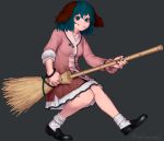  1girl animal_ears bamboo_broom bangs black_footwear black_nails bobby_socks breasts broom broom_guitar dog_ears dress full_body gengoroumaru_(ambidextrous) green_eyes green_hair grey_background grin highres holding holding_broom kasodani_kyouko knees_together_feet_apart loafers long_sleeves looking_at_viewer nail_polish pink_dress shoes simple_background sleeves_rolled_up small_breasts smile socks solo standing standing_on_one_leg teeth touhou unconventional_guitar 