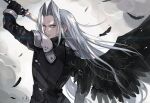  1boy alpaca_carlesi aqua_eyes armor bangs black_gloves black_jacket black_wings closed_eyes clouds cloudy_sky earrings falling_feathers feathered_wings final_fantasy final_fantasy_vii gloves grey_hair holding holding_sword holding_weapon jacket jewelry long_bangs long_hair long_sleeves looking_at_viewer looking_back male_focus masamune_(ff7) parted_bangs sephiroth shoulder_armor signature single_earring sky solo sword upper_body weapon wings 