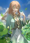 1girl absurdres alternate_costume brown_hair bug butterfly dress genshin_impact green_dress green_eyes highres jewelry lisa_(genshin_impact) long_hair looking_at_viewer necklace open_mouth plant smile solo yamabuki0211