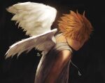  1boy bangs black_background blonde_hair chainsaw_man dark_background denji_(chainsaw_man) feathered_wings glowing highres looking_at_viewer niroxin short_hair simple_background solo spiky_hair tank_top white_tank_top white_wings wings yellow_eyes 