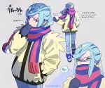  1boy blue_eyes blue_footwear blue_hair boots closed_mouth commentary_request grey_background grusha_(pokemon) hand_in_pocket highres jacket long_sleeves male_focus mittens multiple_views pants pokemon pokemon_(game) pokemon_sv scarf thundergotch translation_request yellow_jacket 