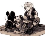  2boys aqua_eyes black_footwear black_gloves boots cup eating fingerless_gloves full_body gloves holding holding_cup hood hood_down indian_style jacket kingdom_hearts kingdom_hearts_iii male_focus mickey_mouse multiple_boys owlforkh pants pants_rolled_up plaid riku_(kingdom_hearts) short_sleeves sitting spot_color white_background 