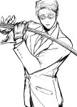  1boy 96gomaice absurdres fingerless_gloves formal gloves goggles highres holding holding_sword holding_weapon jujutsu_kaisen long_sleeves male_focus monochrome nanami_kento parted_lips short_hair solo standing suit sword weapon 
