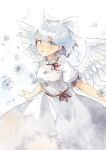  1girl angel_wings blue_eyes blue_flower blue_hair bow buttons clip_studio_paint_(medium) commentary_request dress feathered_wings flower frilled_sleeves frills hair_bow highres hyoutan_tan mai_(touhou) open_mouth petals puffy_short_sleeves puffy_sleeves red_ribbon red_sash ribbon sash short_sleeves solo touhou touhou_(pc-98) upper_body wavy_hair white_bow white_dress white_wings wings 
