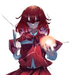  1girl book bow bowtie capelet closed_mouth hair_between_eyes highres holding holding_book looking_at_viewer muraryo okazaki_yumemi red_bow red_bowtie red_capelet red_eyes red_nails redhead short_sleeves simple_background solo touhou touhou_(pc-98) upper_body white_background 