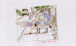  3girls absurdres bag blonde_hair car end_card ground_vehicle highres hinata_yukari ichii_yui looking_back motor_vehicle multiple_girls non-web_source nonohara_yuzuko official_art pink_eyes pink_hair road school_bag school_briefcase school_uniform sidewalk street violet_eyes walking yellow_eyes yoshida_ken&#039;ichi yuyushiki 