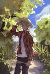  1boy adjusting_clothes adjusting_headwear bangs blonde_hair blue_eyes clouds cnzatsu8 day hat highres holding holding_plant long_sleeves looking_at_viewer making-of_available male_focus nijisanji nijisanji_en open_clothes open_shirt outdoors pants plaid plaid_shirt plant shirt sky smile solo sonny_brisko standing straw_hat tree virtual_youtuber white_shirt 