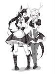  2girls :d alternate_costume animal_ears antlers apron bloomers blush boots chinese_commentary collared_dress commentary_request corset dragon_tail dress elbow_on_another&#039;s_shoulder enmaided full_body greyscale hand_on_own_cheek hand_on_own_face hand_up highres holding holding_tray horse_ears horse_tail kicchou_yachie kurokoma_saki long_hair looking_at_viewer maid maid_headdress medium_hair mingqian monochrome multiple_girls neck_ribbon open_mouth pantyhose parted_lips puffy_short_sleeves puffy_sleeves red_eyes ribbon shoes short_sleeves sideways_glance smile standing tail touhou tray underwear waist_apron wrist_cuffs 