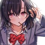  1girl bangs black_hair blazer bow bowtie collarbone collared_shirt food food_in_mouth gradient_eyes grey_jacket hair_between_eyes hand_in_own_hair highres jacket light_blush long_sleeves looking_at_viewer multicolored_eyes open_collar original piroshiki123 pocky pocky_day pocky_in_mouth red_bow red_bowtie red_eyes school_uniform shirt signature simple_background sketch solo striped striped_bow striped_bowtie thick_eyelashes twitter_username watermark white_background white_shirt yellow_eyes 