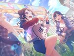 2girls bang_dream! blush brown_hair building cloud day dress guitar hanazono_tae holding_instrument instrument official_art open_mouth short_hair smile star_hair_ornament toyama_kasumi violet_eyes wink
