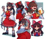  1girl ascot beer_mug black_footwear blue_ascot bobby_socks bow brown_hair closed_eyes closed_mouth cup detached_sleeves gohei hair_bow hakurei_reimu holding holding_cup iganashi1 looking_at_viewer looking_to_the_side medium_hair mug multiple_views ofuda red_bow red_eyes red_shirt red_skirt ribbon-trimmed_sleeves ribbon_trim sarashi shirt sidelocks simple_background skirt smile socks standing touhou white_background white_socks wide_sleeves 