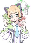  1girl blonde_hair blue_archive blue_necktie blush bow can cat_ear_headphones collared_shirt green_eyes hair_bow halo headphones highres holding holding_can jacket kurageraku long_sleeves looking_at_viewer midori_(blue_archive) monster_energy necktie open_clothes open_jacket open_mouth shirt simple_background solo speech_bubble translation_request upper_body white_background white_jacket white_shirt 