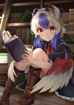  1girl ahoge bangs bird_wings blue_hair book book_stack bookshelf boots brown_footwear feathered_wings gunsou1350 head_wings highres holding holding_book horns indoors knees_together_feet_apart library light_particles light_smile looking_at_viewer multicolored_hair open_book petticoat puffy_short_sleeves puffy_sleeves reading red_wings short_sleeves single_head_wing single_wing sitting skirt solo sweat tokiko_(touhou) touhou two-tone_hair wings 