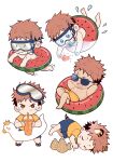  1boy aged_down animal_ears barefoot black_hair blue_shorts bright_pupils brown_eyes child closed_eyes closed_mouth cup disposable_cup diving_mask drink drinking drinking_straw drooling facial_mark fish goggles goggles_on_head grin highres holding holding_cup holding_drink innertube itadori_yuuji jujutsu_kaisen kemonomimi_mode looking_at_viewer lying male_child male_focus male_underwear multiple_views nipples on_side open_mouth pink_hair sand_castle sand_sculpture sandals shirt short_hair shorts simple_background sleeping smile snorkel snorkel_in_mouth spiky_hair splashing standing sunglasses tail tiger_boy tiger_ears tiger_tail tootigee topless_male undercut underwear water watermelon_innertube white_background white_pupils yellow_male_underwear yellow_shirt 
