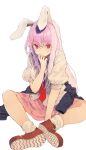  1girl animal_ears bangs blazer_removed closed_mouth commentary_request full_body hand_up highres knees_apart_feet_together long_hair looking_at_viewer mieharu necktie pink_hair pink_skirt puffy_short_sleeves puffy_sleeves rabbit_ears rabbit_girl red_eyes red_footwear red_necktie reisen_udongein_inaba shirt shoe_soles shoes short_sleeves simple_background sitting skirt socks solo touhou very_long_hair white_background white_shirt white_socks 