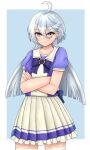  1girl absurdres ahoge alternate_costume bangs commentary_request crossed_arms grey_eyes grey_hair gundam gundam_suisei_no_majo hair_between_eyes highres long_hair looking_at_viewer m172/minatsu miorine_rembran pleated_skirt school_uniform serafuku short_sleeves sidelocks simple_background skirt solo tracen_school_uniform umamusume 