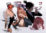  2boys 2girls black_hair black_jacket black_necktie black_pants blonde_hair blood blood_on_face blue_jacket braid braided_ponytail chainsaw chainsaw_man cigarette collared_shirt cross-shaped_pupils denji_(chainsaw_man) formal fox_shadow_puppet hair_between_eyes hayakawa_aki highres hjoi_(fyhjoire) holding holding_weapon horns jacket katana long_hair looking_at_viewer looking_to_the_side makima_(chainsaw_man) medium_hair multiple_boys multiple_girls necktie pants power_(chainsaw_man) red_eyes red_horns redhead sharp_teeth shirt shirt_tucked_in short_hair sidelocks simple_background sleeves_rolled_up smoke smoking suit sword symbol-shaped_pupils teeth topknot weapon weapon_on_back white_background white_shirt wiping_face 