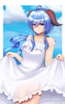  1girl absurdres ahoge alternate_costume bangs blue_hair blue_sky blurry casual clothes_lift clouds cloudy_sky collarbone commentary_request contemporary depth_of_field dress dress_lift ganyu_(genshin_impact) genshin_impact hair_between_eyes highres horizon horns lifted_by_self long_hair looking_at_viewer low_ponytail m172/minatsu ocean sidelocks sky sleeveless smile solo violet_eyes white_dress 