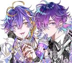  2boys ahoge aster_arcadia bangs blonde_hair bubble_tea cup disposable_cup drink drinking drinking_straw drinking_straw_in_mouth earrings hair_between_eyes hair_ornament hair_over_one_eye hairpin heart heart_earrings heterochromia highres holding holding_cup holding_drink jewelry kuren_0x long_sleeves looking_at_viewer male_focus multicolored_hair multiple_boys multiple_rings nail_polish nijisanji nijisanji_en one_eye_covered plaid purple_hair purple_nails purple_theme ring tongue tongue_out uki_violeta violet_eyes virtual_youtuber yellow_eyes yellow_nails 