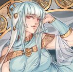  1girl bangs bare_shoulders breasts cropped fire_emblem fire_emblem:_the_blazing_blade hand_in_own_hair iaurencin large_breasts lips lying ninian_(fire_emblem) on_side smile solo white_hair wrist_cuffs 