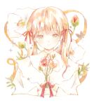  1girl artist_name bangs brown_eyes brown_hair bug butterfly collared_dress dress flower hair_ribbon hau holding holding_flower light_brown_hair light_smile long_sleeves looking_at_viewer orange_ribbon original painting_(medium) pale_color pale_skin pastel_colors portrait red_flower red_ribbon ribbon shiny shiny_hair short_twintails signature simple_background solo traditional_media twintails upper_body watercolor_(medium) white_background white_dress white_flower white_theme yellow_eyes 