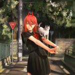  1girl animal_on_arm black_choker black_serafuku bow cat chainsaw_man choker day hair_between_eyes highres horns long_hair looking_to_the_side meowy_(chainsaw_man) niroxin outdoors outstretched_arms power_(chainsaw_man) red_bow red_horns redhead road school_uniform serafuku shadow solo tree white_cat 
