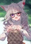  1girl :d absurdres animal_ear_fluff animal_ears bangs black-framed_eyewear blurry blurry_background braid brown_dress commentary_request commission depth_of_field dress flower glasses grey_hair heterochromia highres hinata_(user_rjkt4745) long_hair long_sleeves looking_at_viewer original outdoors puffy_long_sleeves puffy_sleeves red_eyes red_flower red_rose rose shirt skeb_commission sleeveless sleeveless_dress sleeves_past_wrists smile solo thick_eyebrows upper_body violet_eyes white_shirt 
