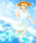  1girl bangs barefoot blonde_hair blue_eyes blue_hoodie blue_skirt blue_sky blush boru_(ochagashi) closed_mouth commentary_request day full_body hair_ornament hairclip hat highres hood hood_down hoodie kagamine_rin looking_at_viewer outdoors short_hair skirt sky smile solo sun_hat vocaloid water 