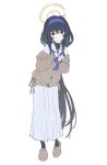  1girl :o bangs black_eyes black_hair blue_archive blue_neckerchief cardigan clenched_hands full_body hairband halo highres long_hair long_skirt long_sleeves looking_at_viewer neckerchief off_shoulder sailor_collar shirt sketch skirt slippers solo timbougami turtle ui_(blue_archive) very_long_hair white_background white_shirt 