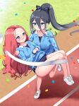  2girls absurdly_long_hair aris_(blue_archive) bangs black_hair blue_archive blue_eyes blush bow buruma carrying carrying_person collarbone commentary_request confetti embarrassed forehead grey_eyes gym_uniform hair_between_eyes hair_bow hair_ribbon highres ine_(ineinnen) jacket long_hair long_sleeves looking_at_another multiple_girls official_alternate_costume ponytail princess_carry redhead ribbon running running_track shoes sidelocks sneakers track_jacket very_long_hair yuzu_(blue_archive) 
