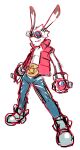 1boy blue_pants fingerless_gloves furry furry_male gloves goggles goggles_on_head grey_footwear looking_at_viewer male_focus muu_(mumumer) open_clothes open_vest pants red_eyes red_gloves red_vest shoes simple_background sketch solo standing summer_wars vest white_background 