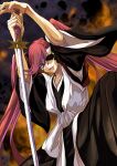  1girl bangs bleach eyepatch hair_between_eyes harukey highres jacket japanese_clothes jewelry katana long_hair long_sleeves looking_at_viewer open_mouth purple_hair saitou_furoufushi shinigami simple_background smile solo sword tongue tongue_out twintails violet_eyes weapon white_background 