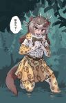  1girl absurdres animal_ears black_bow black_bowtie black_hair bow bowtie brown_eyes center_frills commentary_request cosplay elbow_gloves frills fur_collar giant_otter_(kemono_friends)_(kuro_(kurojill)) gloves high-waist_skirt highres jaguar_(kemono_friends) jaguar_(kemono_friends)_(cosplay) jaguar_print kemono_friends long_hair looking_at_viewer multicolored_hair otter_ears otter_girl otter_tail pleated_skirt print_gloves print_skirt print_thighhighs shirt skirt solo tail toki_reatle translation_request two-tone_hair wading water white_hair white_shirt 