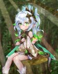  1girl 3d_background absurdres bangs bloomers blurry bracelet cape commentary_request crystalfly_(genshin_impact) depth_of_field detached_sleeves dress forest genshin_impact gradient_hair green_eyes hair_between_eyes hair_ornament highres jewelry knees_together_feet_apart long_hair looking_at_viewer m172/minatsu multicolored_hair nahida_(genshin_impact) nature pointy_ears short_sleeves side_ponytail sidelocks sitting_on_tree_stump smile solo symbol-shaped_pupils tree underwear white_dress white_hair 