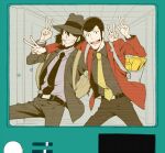  2boys arsene_lupin_iii bag beard black_hair cigarette clenched_teeth facial_hair formal gold_bar hand_on_another&#039;s_shoulder hat hoyano_(maimai) jigen_daisuke lupin_iii male_focus monitor multiple_boys necktie open_mouth short_hair sideburns smile suit teeth theft v 