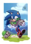  1boy animal_ears blue_sky gloves grass green_eyes highres hikariviny01 koco_(sonic) male_focus quill red_footwear shoes sky sonic_(series) sonic_frontiers sonic_the_hedgehog sweatdrop teeth white_gloves 