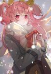1girl bag bangs blurry blurry_background blush bow brown_coat brown_scarf brown_skirt christmas closed_mouth coat gift gift_bag hair_ribbon holding holding_bag long_hair long_sleeves looking_at_viewer momoi_airi more_more_jump!_(project_sekai) nwds3248 open_clothes open_coat outdoors pink_hair project_sekai red_bow red_eyes ribbon scarf skirt snowing solo twintails two_side_up upper_body yellow_ribbon