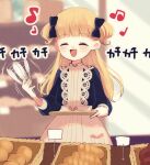  1girl apron bangs basket blonde_hair blue_bow blue_dress blunt_bangs blush bow bread closed_eyes dress emilico_(shadows_house) food hair_bow highres holding kohori long_hair musical_note open_mouth shadows_house smile solo twintails two_side_up white_apron 