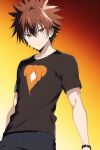 ai-generated brown_hair focus male_focus manly non-web_source orange_eyes shirt solo