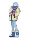 1boy aqua_eyes aqua_hair blue_footwear blue_mittens boots commentary_request full_body grusha_(pokemon) hakohako5385 hand_in_pocket hand_up highres jacket long_hair long_sleeves male_focus pants pokemon pokemon_(game) pokemon_sv scarf scarf_over_mouth simple_background solo standing striped striped_scarf white_background yellow_jacket 