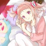  1girl bed blush bow butterfly_hair_ornament character_request closed_mouth cya0708 hair_ornament pillow pink_hair red_bow sailor_collar smile solo stuffed_toy tsubasa-kun_wa_akanuketai_noni twintails white_bow 